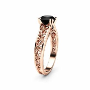Conflict Free Black Diamond Engagement Ring 14K Rose Gold Art Deco Ring Black Diamond Engagement Ring