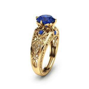 2 Carat Blue Sapphire Ring  14K Yellow Gold Engagement Ring Art Deco Styled Sapphire Ring Unique Alternative Ring
