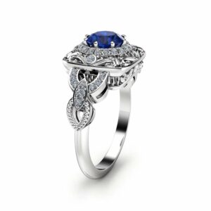 Halo Sapphire Victorian Engagement Ring 14K White Gold Diamond Halo Gemstone Ring Filigree Styled Engagement Ring