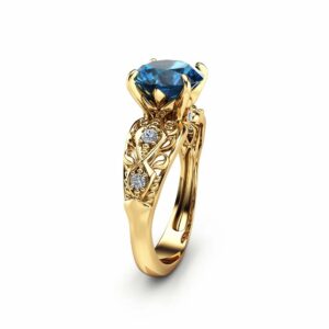 London Blue Topaz Engagement Ring 14K Yellow Gold Alternative Ring Unique 2 Carat Topaz Ring Filigree Engagement Ring