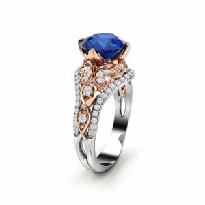 Unique Engagement Ring Blue Sapphire Engagement Ring 14K Two Tone Gold Vintage Ring