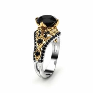 Unique Engagement Ring Black Diamond Ring 14K Two Tone Gold Ring Vintage Engagement Ring