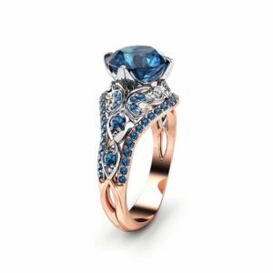 Blue Diamond Engagement Ring Vintage Engagement Ring Unique 14K Two Tone Gold Ring