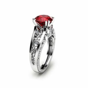 Unique 2CT Natural Ruby Ring Filigree  Ruby Engagement Ring Solid 14K White Gold Ring