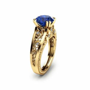 Natural Sapphire Engagement Ring Unique 2 Carat Sapphire Ring in 18K Yellow Gold Art  Deco Engagement Ring
