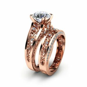 Moissanite Engagement Ring Set Unique 2 Carat Moissanite Ring with Matching Band 14K Rose Gold Engagement Rings