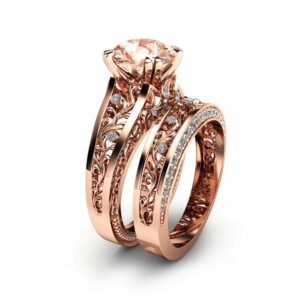 Rose Gold Morganite Engagement Ring Set Unique 2 Carat Morganite Ring with Matching Band 14K Rose Gold Engagement Rings