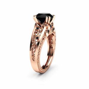 Handmade Black Diamond Engagement Ring 14K Rose Gold Filigree Ring Black Diamond Engagement Ring