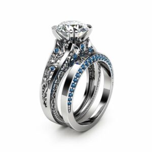 Blue Diamonds Moissanite Engagement Ring Set 14K White Gold Engagement Rings Unique 2 Carat Moissanite Ring with Matching Band