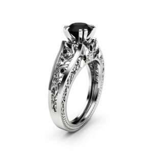 1 Carat Black Diamond Unique Engagement Ring 14K White Gold Filigree Ring Conflict Free Natural Black Diamond Ring