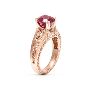 Vintage Ruby Engagement Ring Filigree Floral Leaf Engagement Ring Unique 14K Rose Gold Stackable Ring