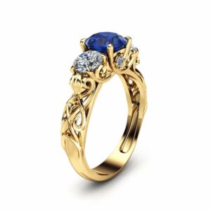 Three Stone Sapphire Engagement Ring Unique Engagement Ring in 14K Yellow Gold Filigree Ring with Blue Sapphire and Moissanite