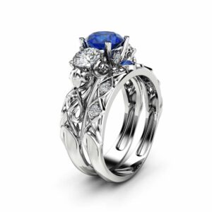 Three Stone Sapphire Moissanite Bridal Set 14K White Gold Rings Art Deco Rings Natural Diamonds Band