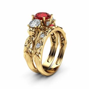 Unique Ruby And Moissanite Three Stone Bridal Set 14K Yellow Gold Rings Art Deco Styled Natural Diamonds Band