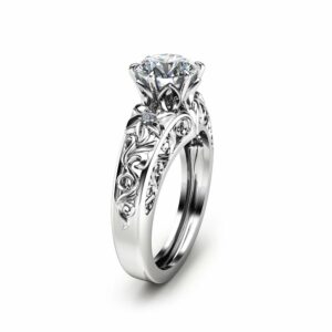 Round Moissanite Engagement Ring Unique 14K White Gold Ring Art Deco Styled Engagement Ring