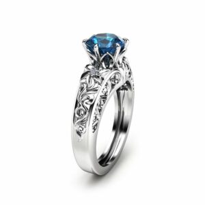 London Blue Topaz Engagement Ring Unique Topaz Ring in 14K White Gold Custom Design Engagement Ring