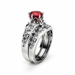Natural Ruby Engagement Ring Set Wedding Ruby Ring with Matching Band 14K White Gold Ruby Rings Unique Engagement Rings