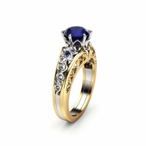 Blue Sapphire Engagement Ring 14K Two Tone Gold Ring Unique Flower Art Deco Engagement Ring