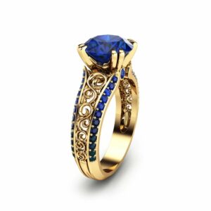 2 Carat Blue Sapphire Custom Ring 14K Yellow Gold Sapphire Ring Unique Custom Ring  Art Deco 2 Carat Ring