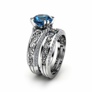 London Blue Topaz Engagement Ring Set 2 Carat Topaz Bridal Set Unique 14K White Gold Rings Art Deco Engagement Rings