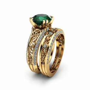 2 Carat Emerald Engagement Ring Set Unique 14K Yellow Gold Rings Emerald Bridal Set Filigree Engagement Rings