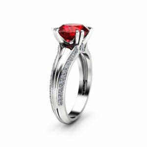 Natural Ruby Engagement Ring Unique 14K White Gold Engagement Ring Round Cut Ruby Ring