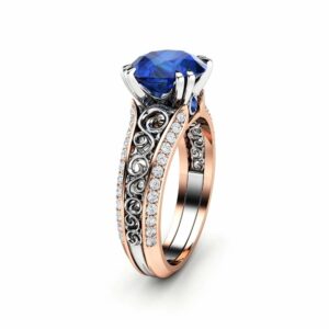Blue Sapphire Engagement Ring 14K Two Tone Gold Unique Ring Art Deco Engagement Ring