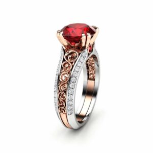 Ruby Engagement Ring 14K Two Tone Gold Ring Unique Art Deco Engagement Ring
