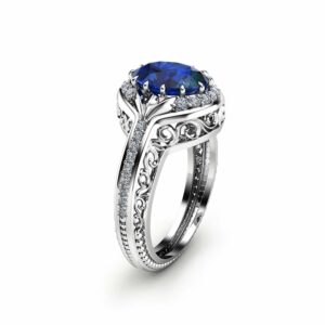 Oval Blue Sapphire  Ring in 14K White Gold Unique  Halo Ring  Oval Cut Sapphire Ring Art Deco Styled Ring Cocktail Ring