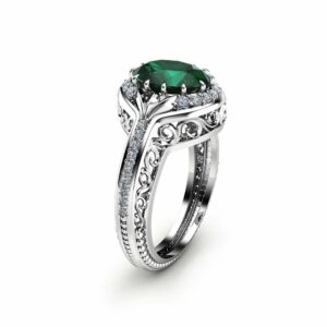 Oval Emerald Ring in 14K White Gold Unique  Halo Ring Oval Cut Emerald Ring Art Deco Styled Ring Cocktail Ring