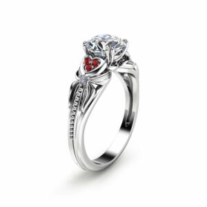 14K White Gold Moissanite Engagement Ring Heart Shaped Ring Unique Moissanite Engagement Ring with Natural Rubies