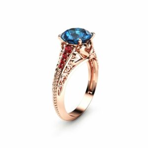 2 Carat London Blue Topaz Custom Ring in 14K Rose Gold Unique Topaz Ring  Art Deco Styled Ring with Natural Rubies
