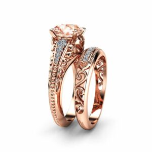 Unique Morganite Bridal Ring Set 14K Rose Gold Filigree Style Engagement Ring Diamonds Matching Band