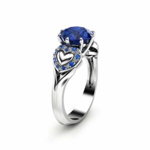 2 Carat Blue Sapphire Engagement Ring in 14K White Gold Heart Design Custom Ring Art Deco Styled Engagement Ring