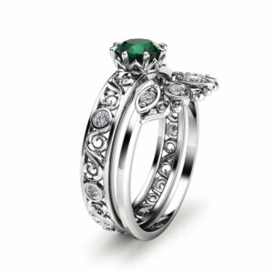 Emerald Engagement Ring Set 14K White Gold Rings Emerald Engagement Rings