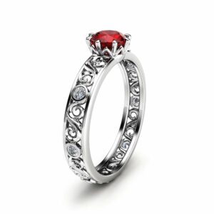 Ruby Engagement Ring Unique 14K White Gold Ruby Ring Filigree Engagement Ring