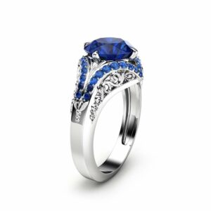 Art Deco Styled Blue Sapphire Engagement Ring Unique 2 Carat Sapphire Ring in 14K White Gold Filigree Design Engagement Ring