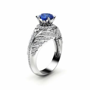 Custom Sapphire Engagement Ring Unique Sapphire & Diamonds Ring 14K White Gold Engagement Ring