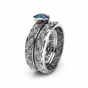 London Blue Topaz Engagement Ring Set in 14K White Gold Art Deco Styled Bezel Ring Unique Topaz Engagement Ring