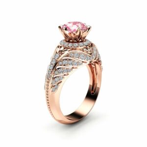 Custom Pink Sapphire Engagement Ring 14K Rose Gold Halo Engagement Ring Unique Pink Sapphire Ring