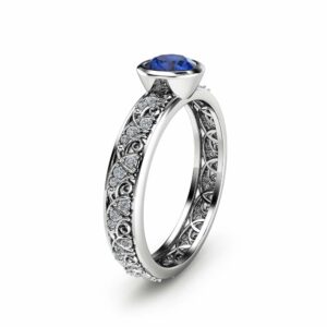Natural Blue Sapphire Bezel Ring Unique Engagement Ring in 14K White Gold Blue Sapphire Bezel Ring