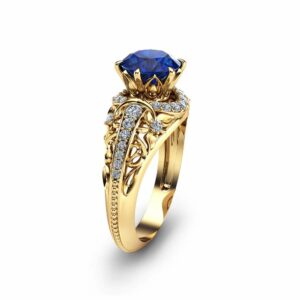 Blue Sapphire Engagement Ring 14K Yellow Gold Ring Natural Sapphire Ring Unique Gemstone Engagement Ring