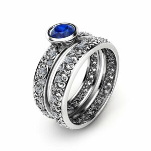 Blue Sapphire Vintage Engagement Rings 14K White Gold Bezel Bridal Rings Engagement Ring Set Unique Vintage Rings