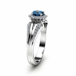 Gemstone Engagement Ring London Blue Topaz Engagement Ring Unique Topaz Ring 14K White Gold Halo Ring
