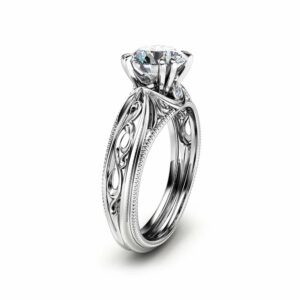 Milgrain Moissanite Engagement Ring 14K White Gold Moissanite Ring Vintage Engagement Ring