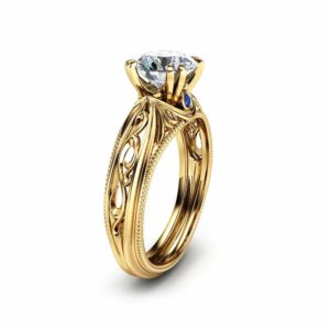 Milgrain Moissanite Engagement Ring 14K Yellow Gold Moissanite Ring Vintage Engagement Ring with Sapphires