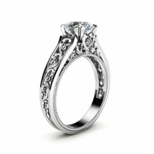 White Gold Moissanite Engagement Ring Milgrain Moissanite Ring Vintage Engagement Ring