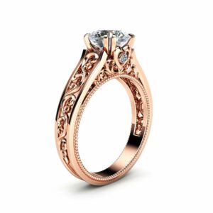 Rose Gold Moissanite Engagement Ring Milgrain Moissanite Ring Vintage Engagement Ring