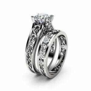 Unique Moissanite Bridal Ring Set 14K White Gold Ring Set Forever One Moissanite Unique Filigree Bridal Ring Set