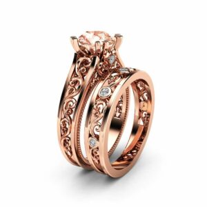 Art Deco Morganite Bridal Ring Set 14K Rose Gold Engagement Rings Filigree Styled Bridal Ring Set